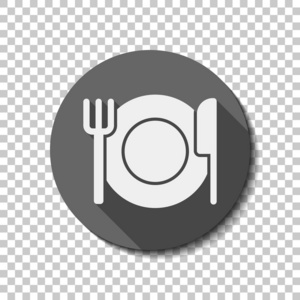 餐具。 板叉和刀。 简单的剪影。 白色平面图标，在透明背景上有长阴影的圆圈。