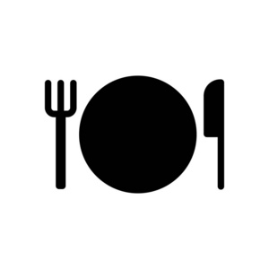 餐具。 板叉和刀图标。 白色背景下的黑色图标