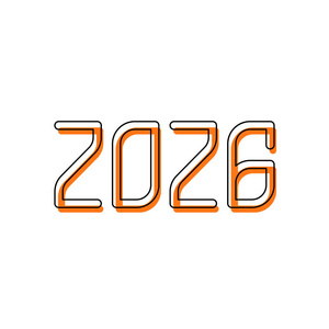 数字图标2026。 新年快乐。 由黑色薄轮廓和橙色组成的孤立图标在不同的层上移动填充。 白色背景