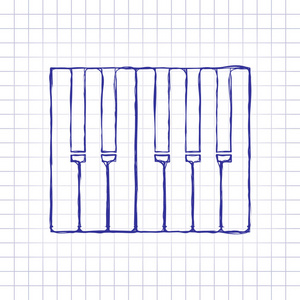简单的钢琴图标。 手绘纸上的图片。 蓝色墨水轮廓素描风格。 格子背景上的涂鸦