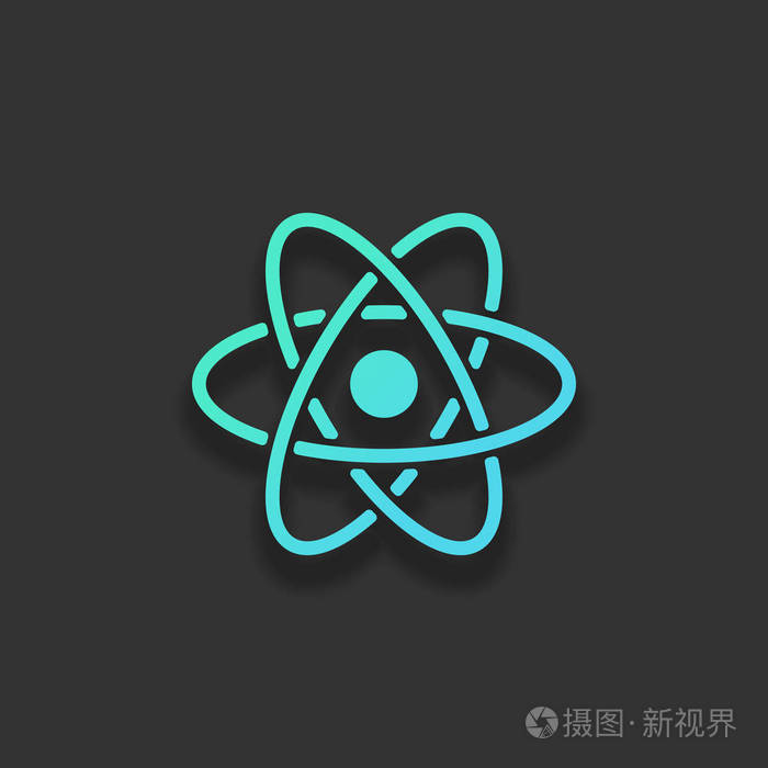 科学原子符号简单图标彩色标志概念与软阴影在黑暗的背景蔚蓝海洋的