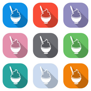 冰淇淋或粥在碗图标。 用于应用程序的彩色方块上的一组白色图标。 海报的无缝和图案