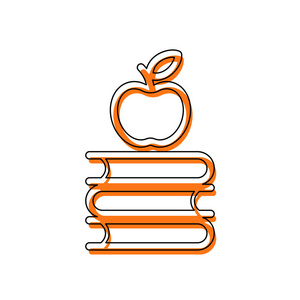 苹果在书上的图标。 知识标志。 由黑色薄轮廓和橙色组成的孤立图标在不同的层上移动填充。 白色背景