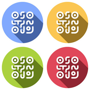 QR代码。 技术图标。 简单的标志。 一组白色图标，蓝色橙色绿色和红色圆圈上有长阴影。 贴纸样式
