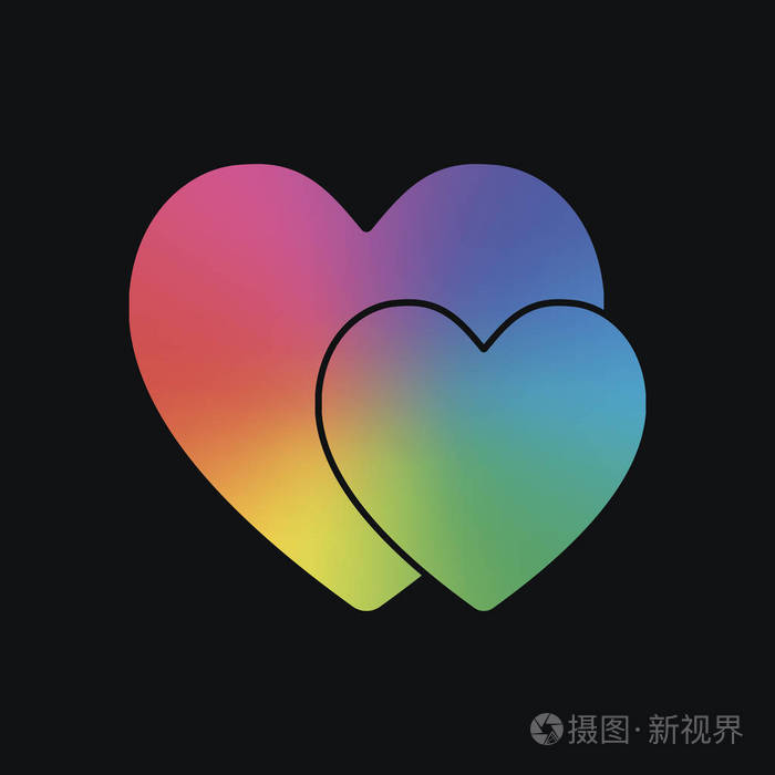 2颗心. 简单的图标. 彩虹色和深色背景