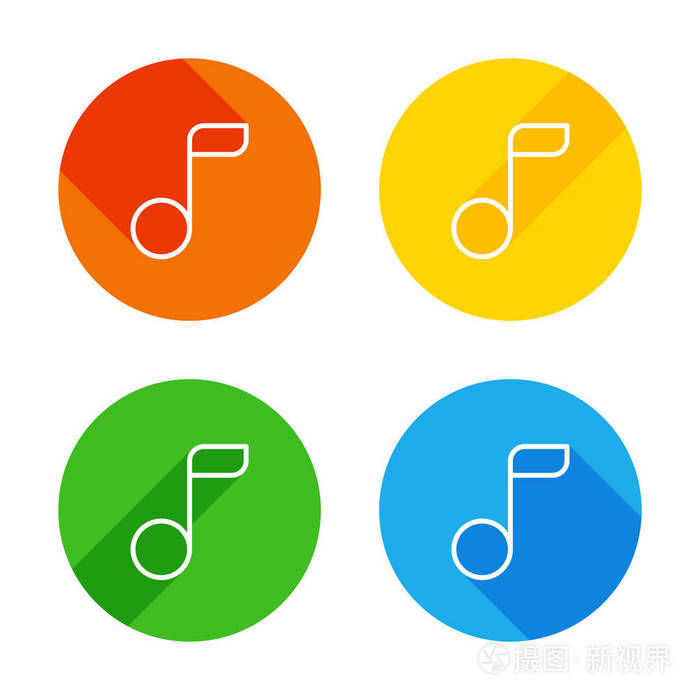 简单的音乐音符线性图标薄轮廓彩色圆圈背景上的平面白色图标每个角有