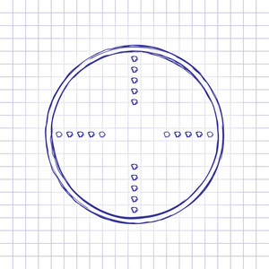 简单的目标图标。 手绘纸上的图片。 蓝色墨水轮廓素描风格。 格子背景上的涂鸦