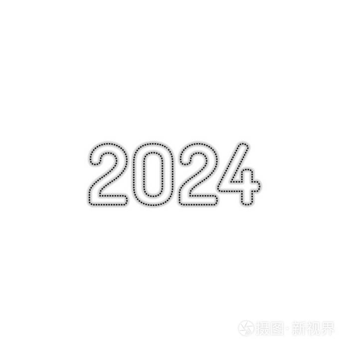 数字图标2024. 新年快乐. 带有白色背景阴影的虚线轮廓轮廓