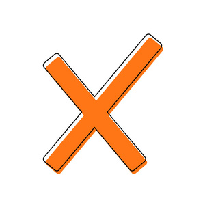 错误的标记图标。由黑色薄轮廓和橙色在不同层上移动填充组成的孤立图标。白色背景