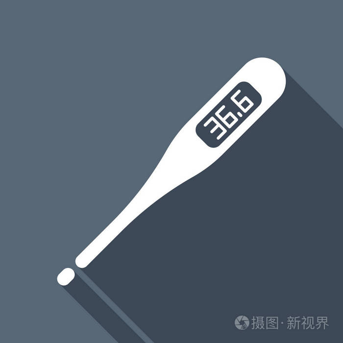 体的电子医用体温计.白色平面图标,背景阴影较长