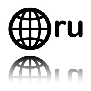 俄罗斯地球和Ru的领域。带有白色背景反光镜的黑色图标