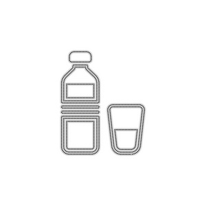 一瓶水和玻璃杯。 简单的图标。 带有白色背景阴影的虚线轮廓轮廓