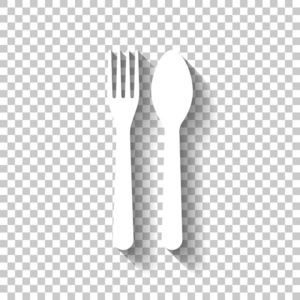 叉子和勺子图标。 厨房工具。 带有透明背景阴影的白色图标