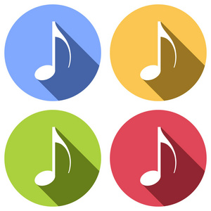 音乐音符图标. 一组白色图标,蓝色橙色绿色和红色圆圈上有长阴影.