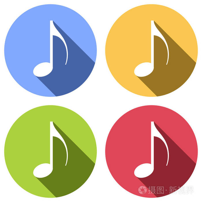 音乐音符图标. 一组白色图标,蓝色,橙色,绿色和红色圆圈上有长阴影.
