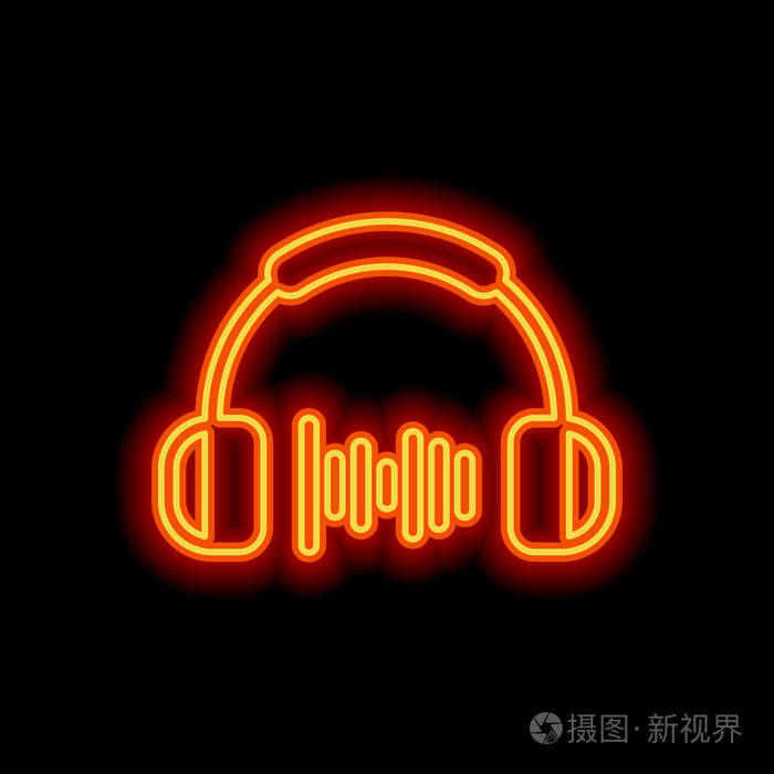 耳机和音乐波中等体积水平简单的图标黑色背景上的橙色霓虹灯风格灯