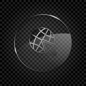地球仪和箭头图标。 图标在圆形玻璃气泡上的黑暗透明网格。 玻璃风格
