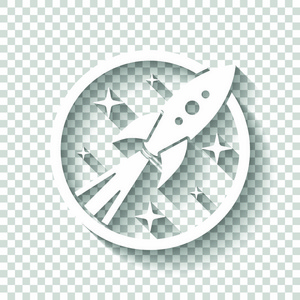 火箭发射与恒星在圆圈图标。 带有透明背景阴影的白色图标