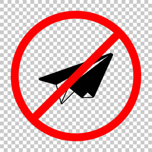 纸飞机。 折纸滑翔机。 不允许带有透明背景的红色警告标志的黑色物体