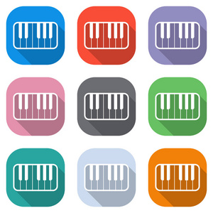 钢琴键盘图标。 用于应用程序的彩色方块上的一组白色图标。 海报的无缝和图案