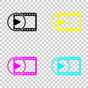电影带与播放符号在圆圈。 简单的剪影。 透明背景上彩色CMYK图标集