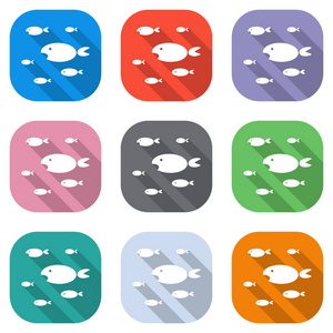 鱼类学校。 用于应用程序的彩色方块上的一组白色图标。 海报的无缝和图案