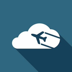 飞机和云。 简单的图标。 标志。 白色平面图标，背景有长阴影