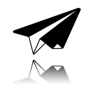 纸飞机。 折纸滑翔机。 带有镜像的黑色图标，白色背景