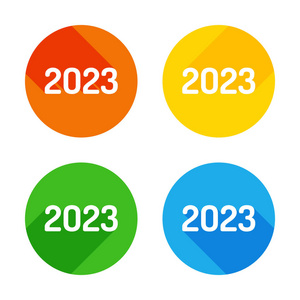 2023年数字图标。 新年快乐。 彩色圆圈背景上的平面白色图标。 每个角有四个不同的长阴影