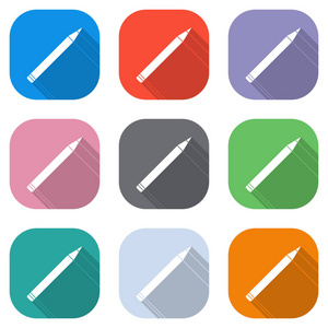 铅笔图标。 用于应用程序的彩色方块上的一组白色图标。 海报的无缝和图案