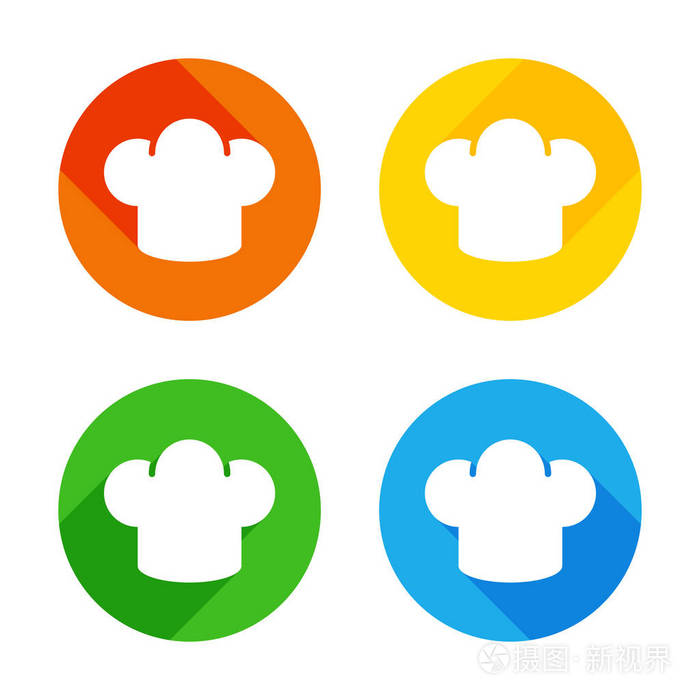 厨房标志. 彩色圆圈背景上的平面白色图标.