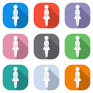 女性剪影女性图标。 用于应用程序的彩色方块上的一组白色图标。 海报的无缝和图案