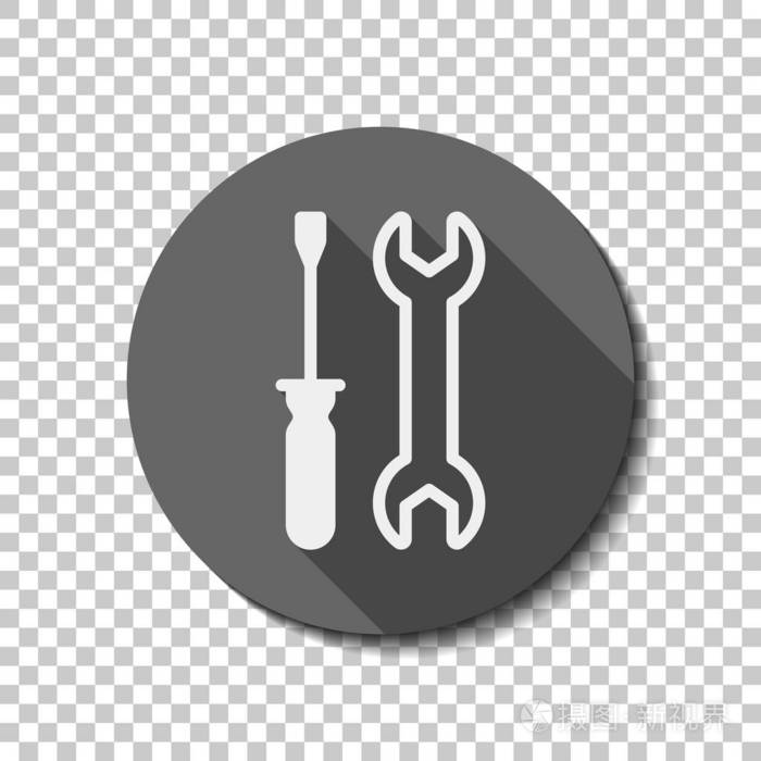 修理服务扳手和螺丝刀工具白色平面图标与长阴影在透明背景上的圆圈
