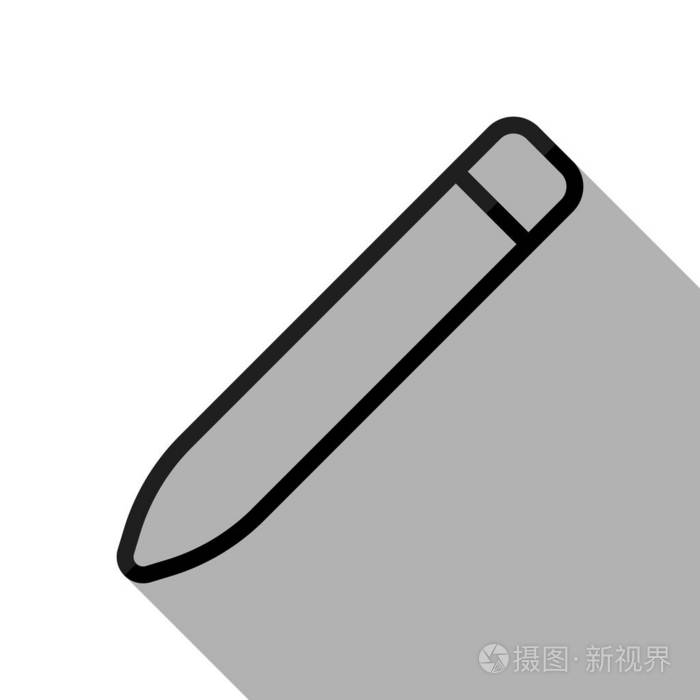 简单的铅笔. 线性薄轮廓. 黑色物体,白色背景有长阴影