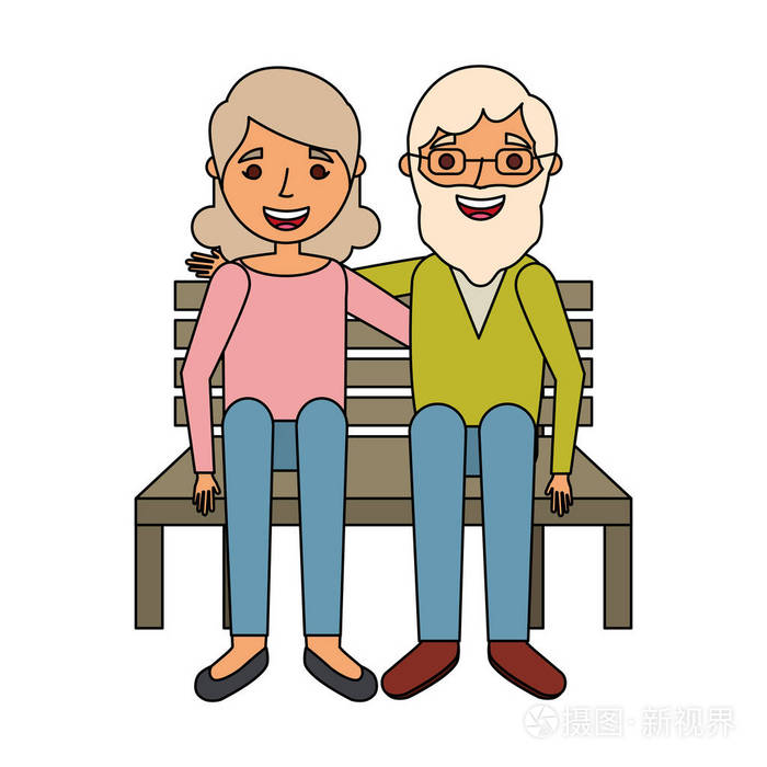 老夫妇坐在长椅上插画-正版商用图片163660-摄图新视界