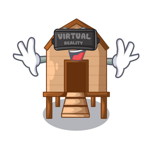 虚拟现实鸡在烧焦的鸡笼矢量插图照片
