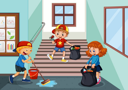孩子们打扫学校走廊的插图
