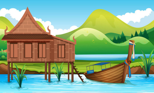 传统的泰国房子旁边的河流插图图片
