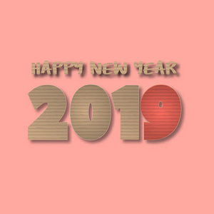 新年快乐2019创意插画剪纸风格..纸板裁剪号码在粉红色背景上的网页横幅，明信片，海报，传单，传单，销售，广告。矢量插图背景。