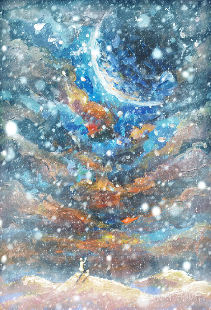 冬天的雪背景 模糊的雪花在奇妙的艺术插图绘画 女孩和猫在橙色的山顶上看星空 宇宙 蓝色的大行星 书籍艺术作品照片 正版商用图片163bos 摄图新视界