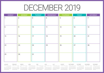 2019年12月办公桌日历矢量插图简单干净的设计。