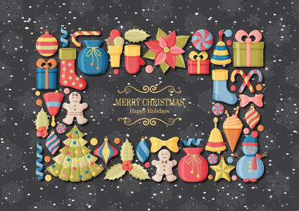 圣诞节背景与3d 剪纸标志。可爱的儿童玩具和配件。后面的雪。新年贺卡或横幅概念