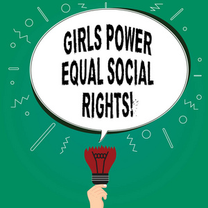撰写写作文本的女孩权力平等的社会权利。概念意味着女性主义男性和女性性别平等空白椭圆形语言泡泡在一个破碎的灯泡与失败的想法图标
