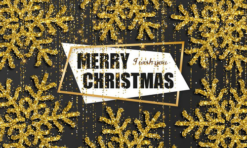 圣诞快乐的背景与闪亮的金色雪花和金色的金丝和彩带。贺卡和圣诞节模板