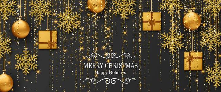 圣诞快乐的背景与闪亮的雪花, 金球, 礼品盒和金色的金属丝和彩带。贺卡和圣诞节模板