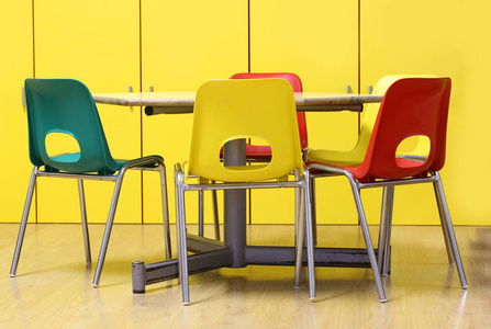 幼儿园里的一个班桌子周围的彩色椅子