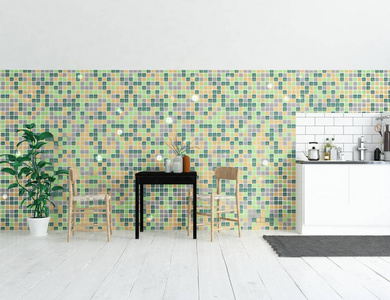 斯堪的纳维亚厨房室内部有餐厅家具和大墙的想法。 家北欧内部。 三维插图