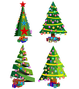 星星装饰，球和轻链装饰圣诞树与许多礼品盒。孤立在白色背景上。一套圣诞树。