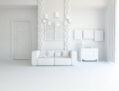 白色房间内部有家具。斯堪的纳维亚的室内设计。三维插图