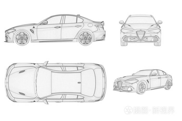 线框通用和无品牌汽车四视图,三维插图
